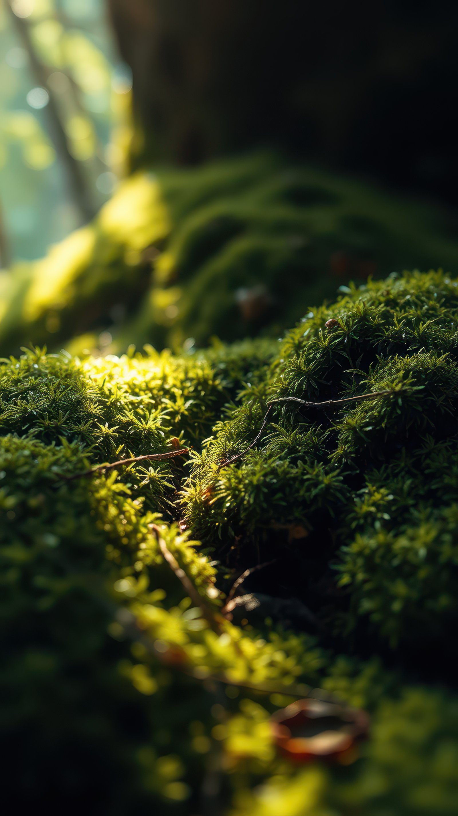 Sunlight illuminates vibrant green moss covering forest floor during midday